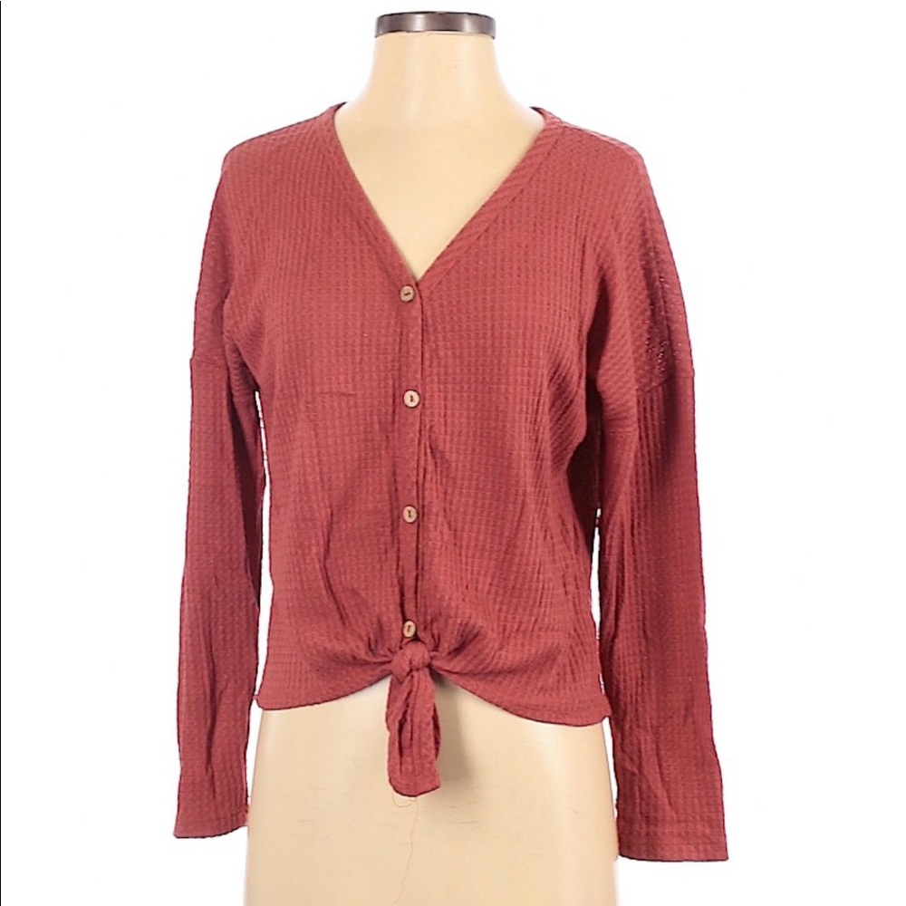 Waffle Knit Henley Tie Front Button Down Top, XS